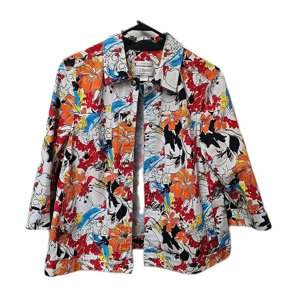 CJ Banks Floral Stretch Denim Jacket Women's 1X Multi-Color Button Up Artsy Boho